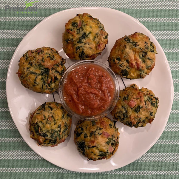 Spinach Balls with Ham and Tomato Dip - Preferred Keto